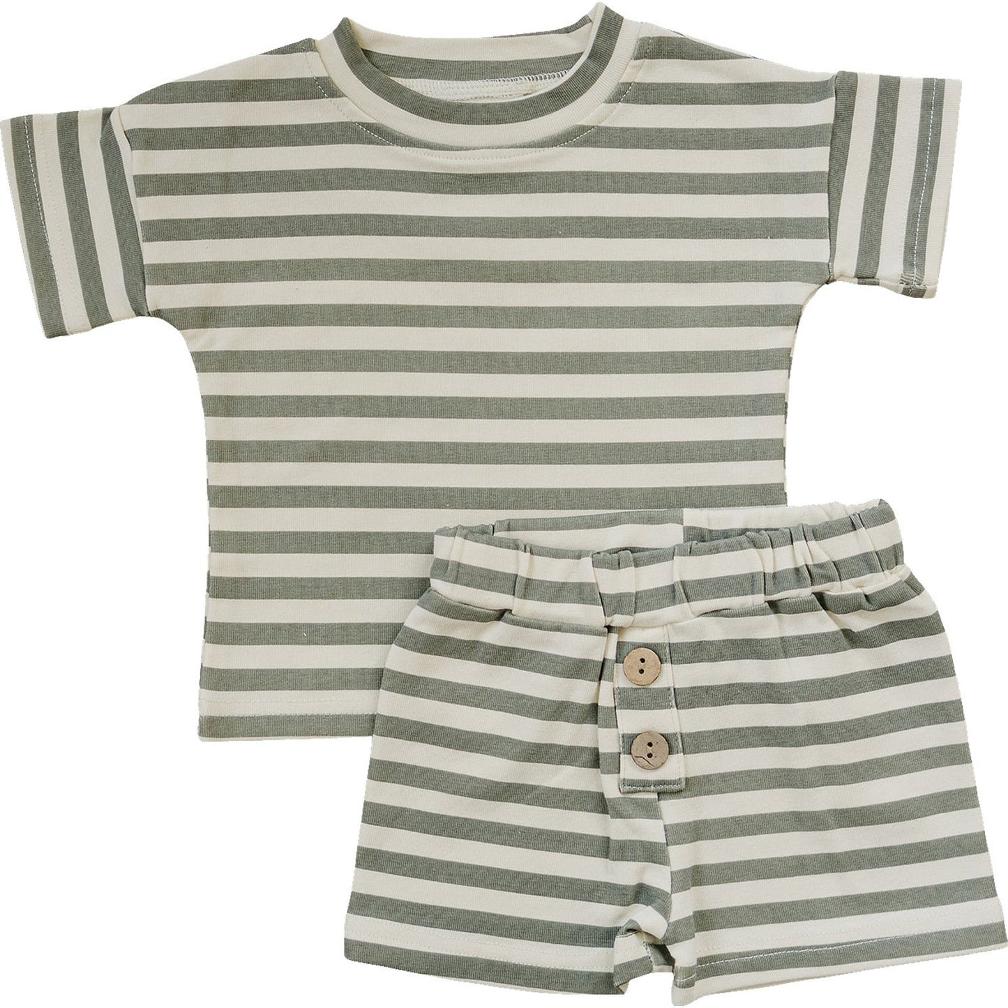 Mebie Baby Button Short Set - Sage Stripe