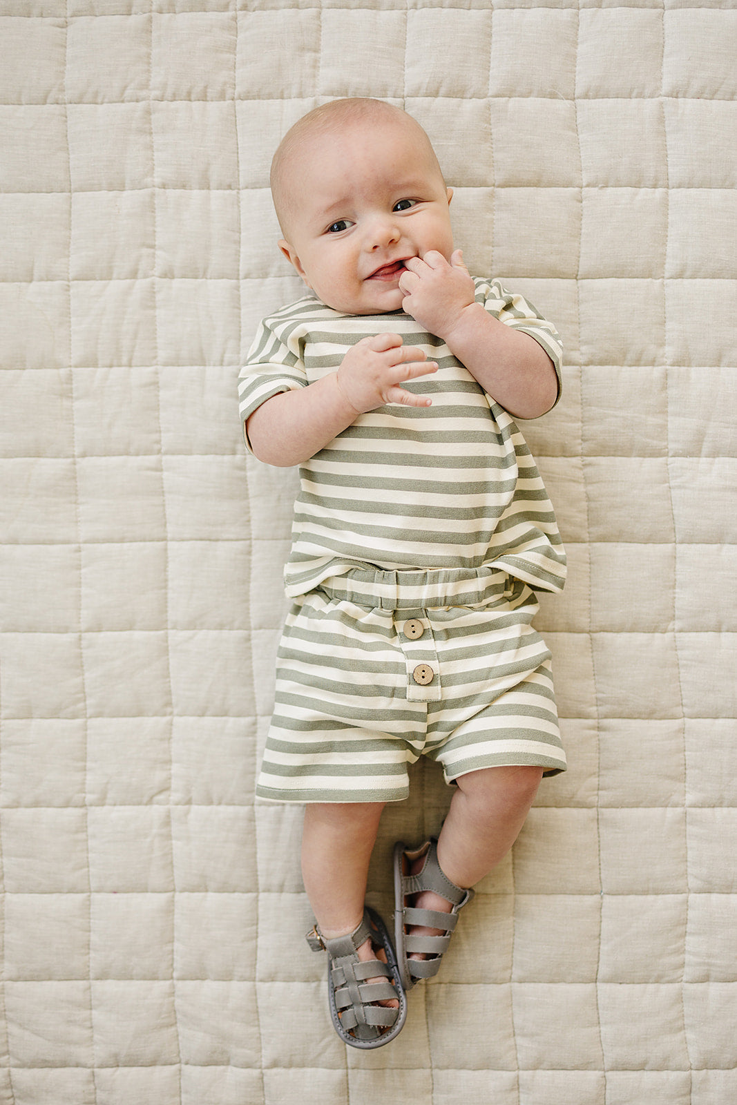 Mebie Baby Button Short Set - Sage Stripe