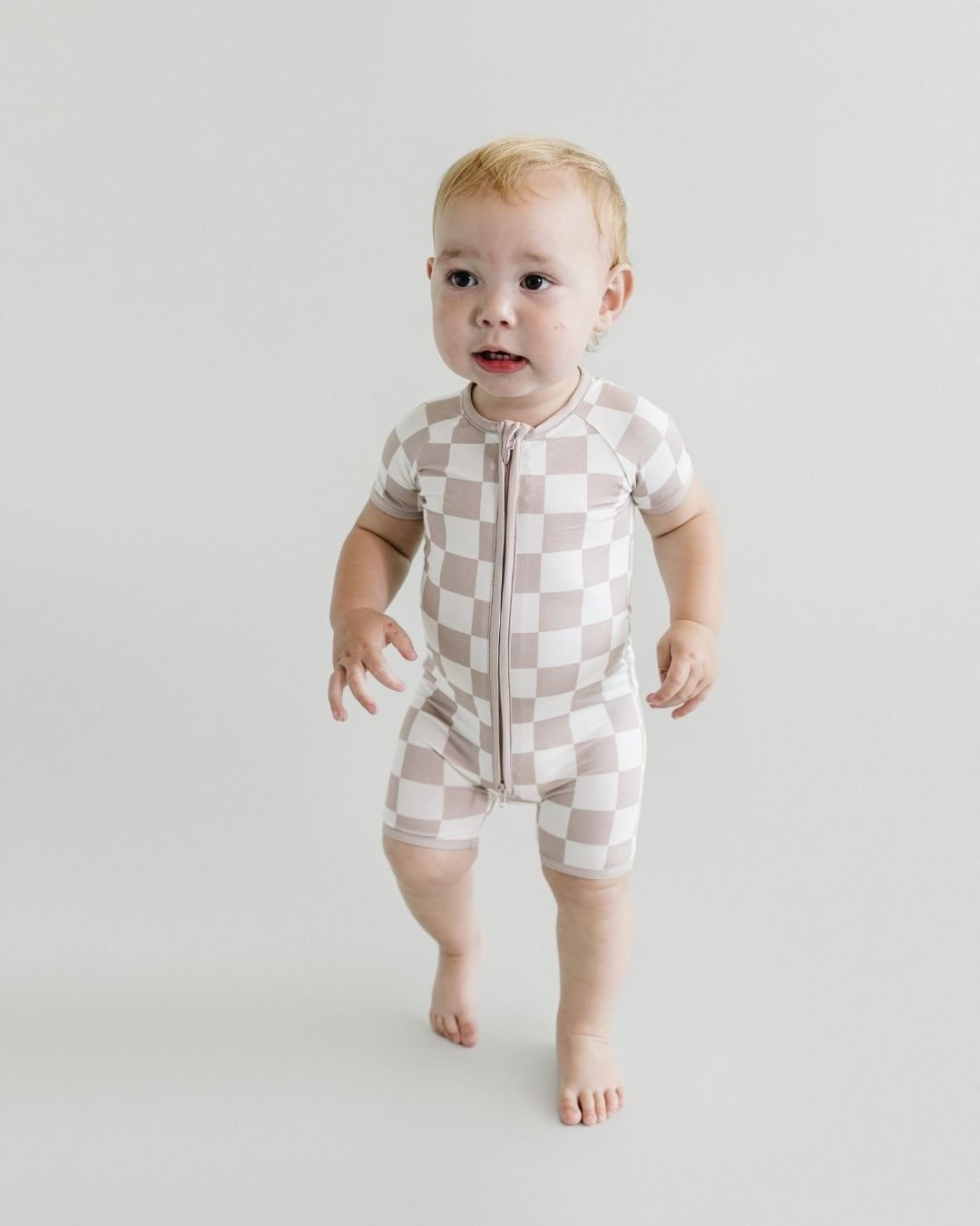 LPK Bamboo Shorty Romper - Latte Checkered