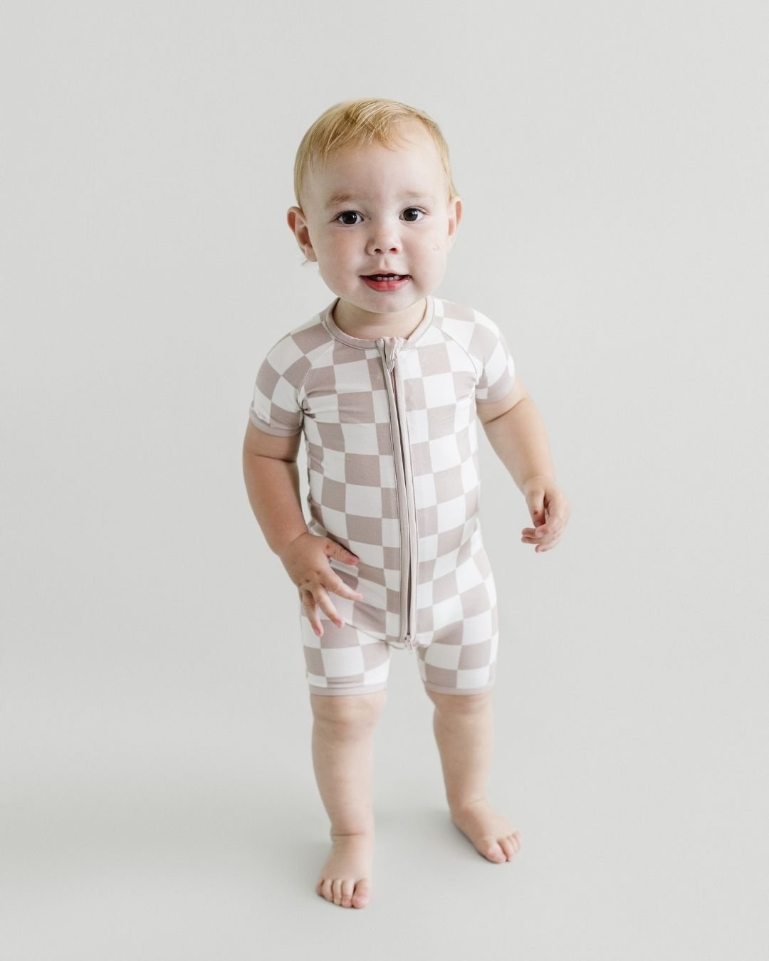 LPK Bamboo Shorty Romper - Latte Checkered - Atara & Co