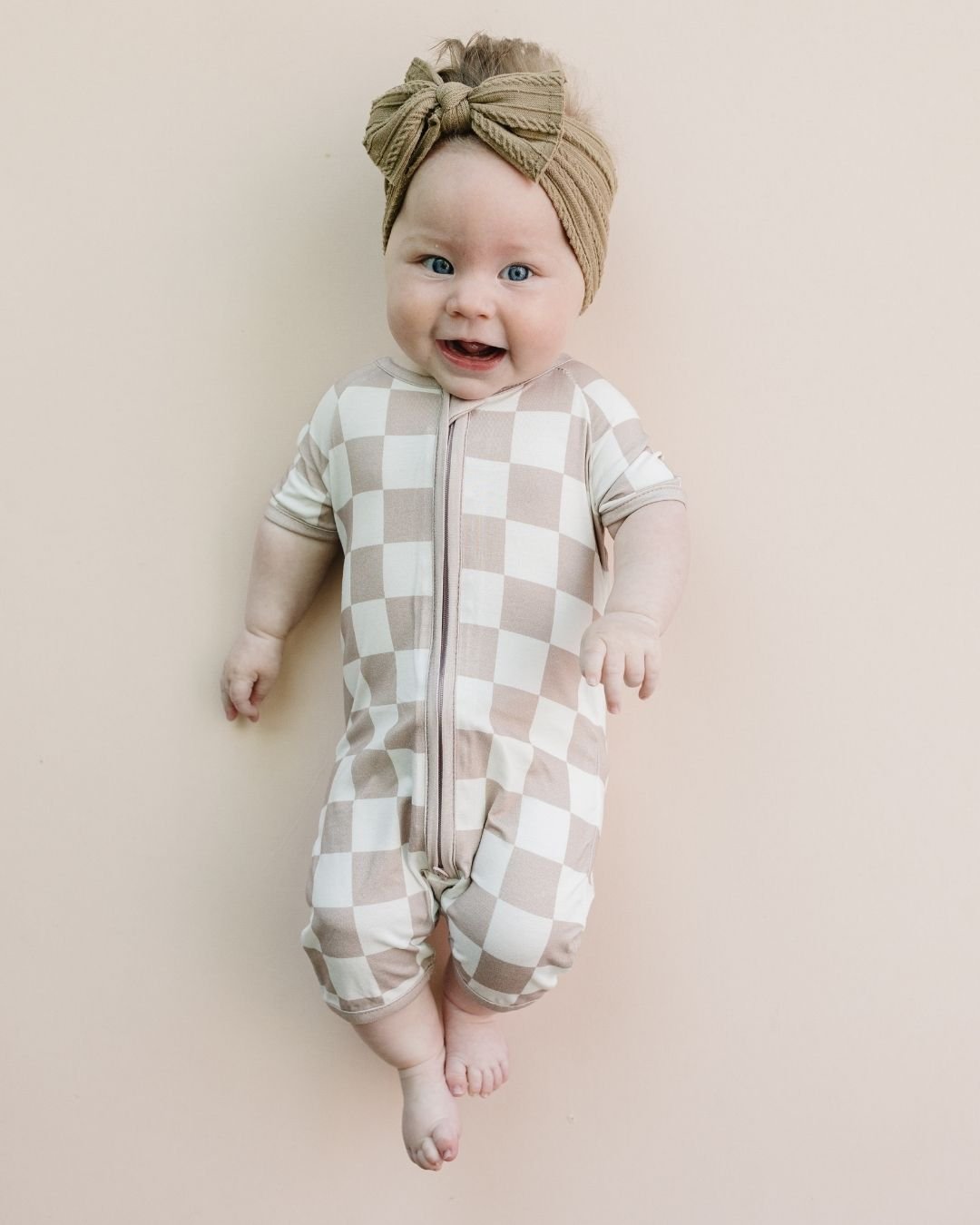 LPK Bamboo Shorty Romper - Latte Checkered