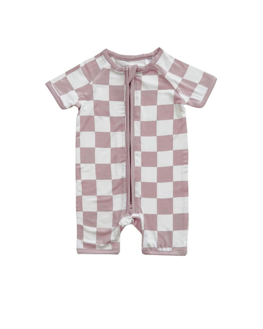 LPK Bamboo Shorty Romper - Latte Checkered - Atara & Co