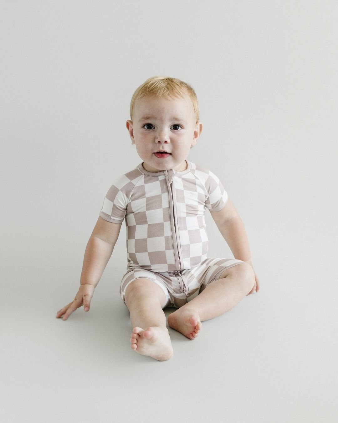 LPK Bamboo Shorty Romper - Latte Checkered