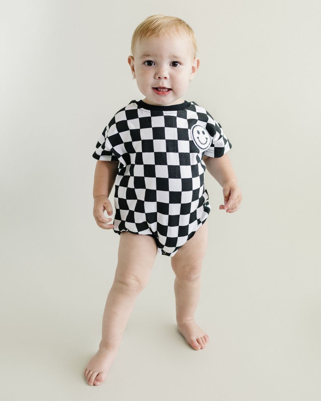 LPK Short Sleeve Bubble Romper - Checkered Smiley Black