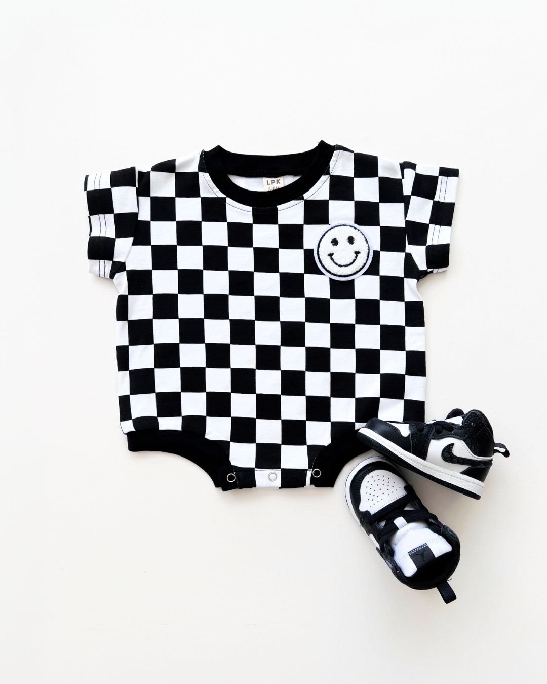 LPK Short Sleeve Bubble Romper - Checkered Smiley Black