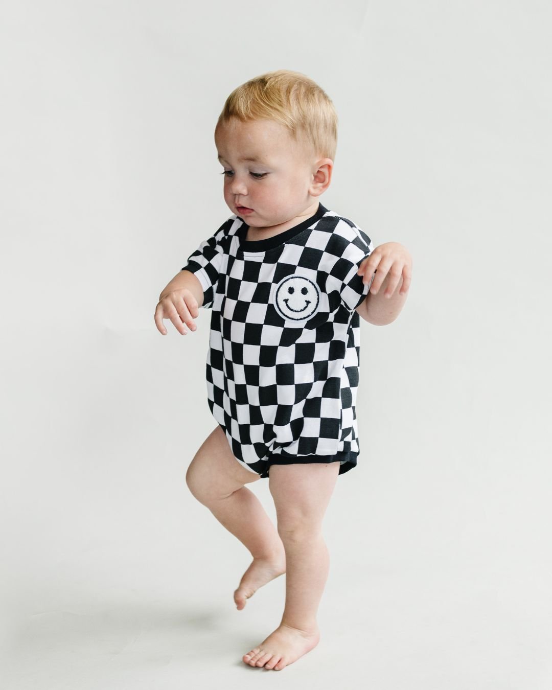 LPK Short Sleeve Bubble Romper - Checkered Smiley Black