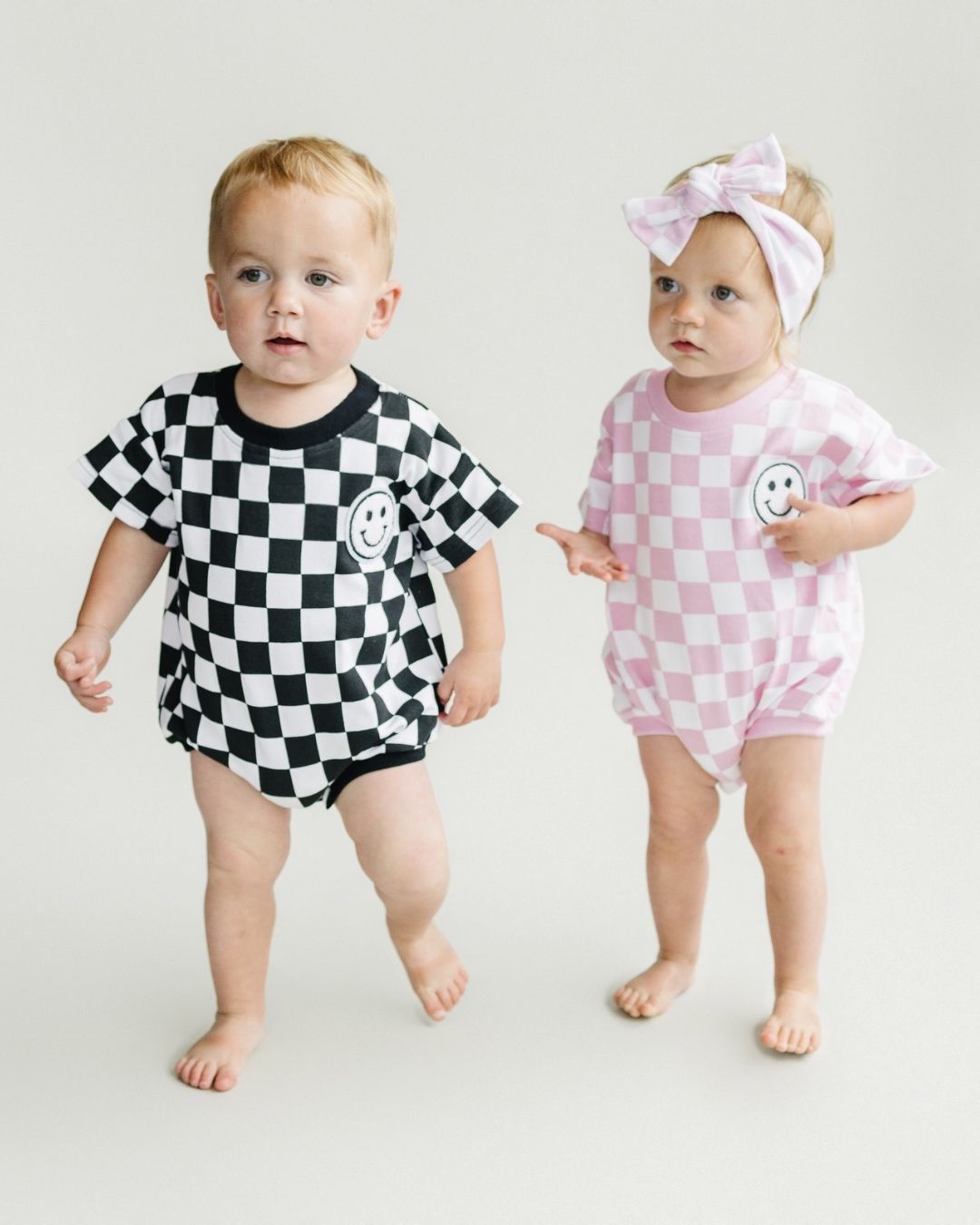 LPK Short Sleeve Bubble Romper - Checkered Smiley Black