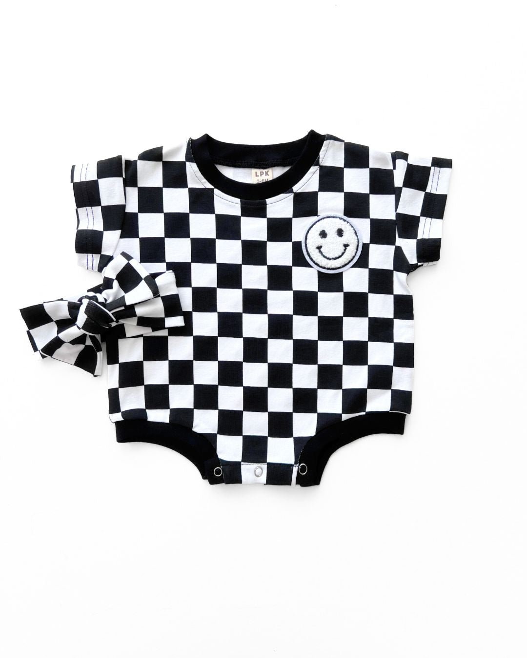 LPK Short Sleeve Bubble Romper - Checkered Smiley Black