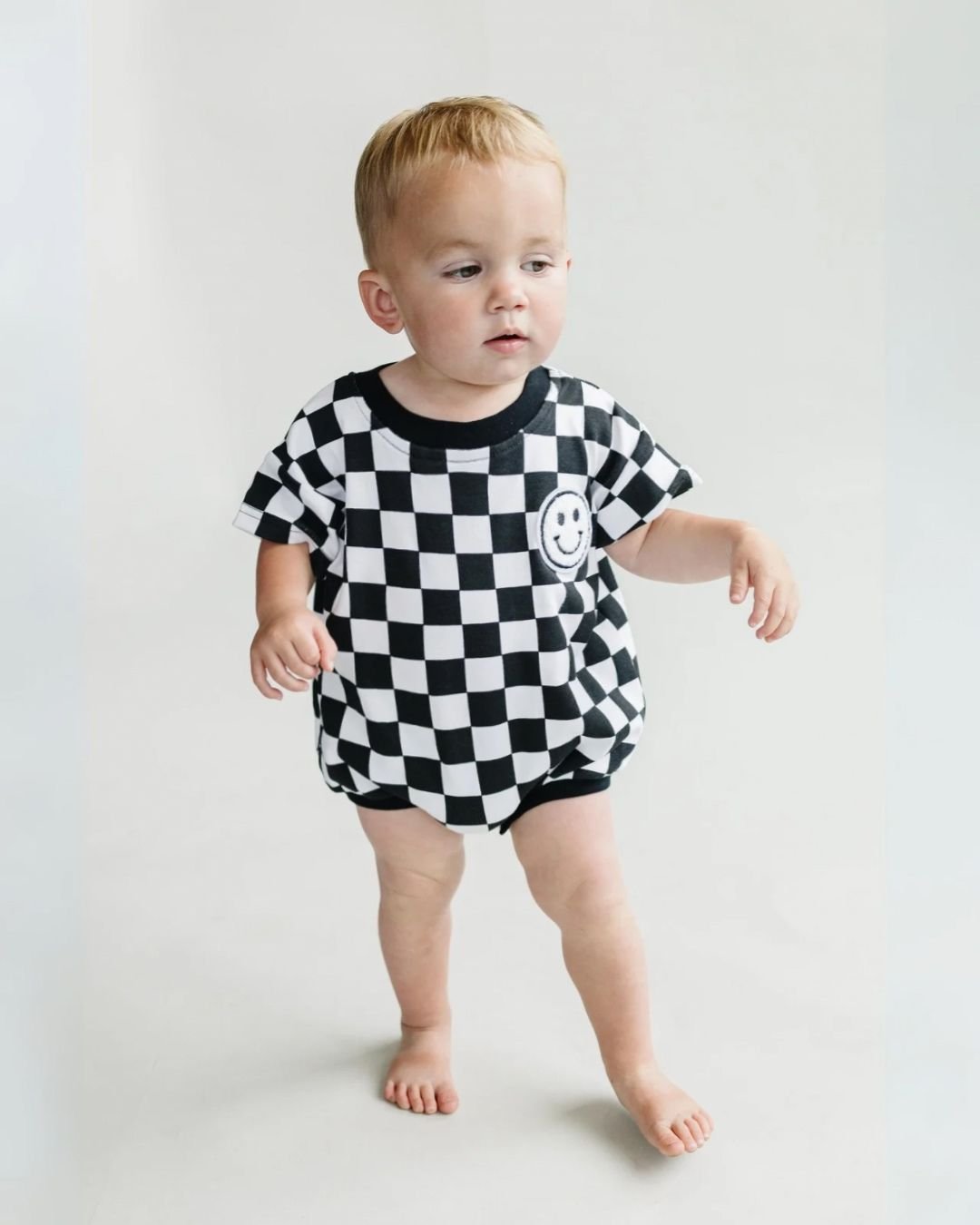 LPK Short Sleeve Bubble Romper - Checkered Smiley Black