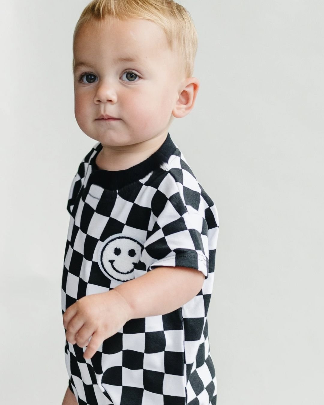 LPK Short Sleeve Bubble Romper - Checkered Smiley Black