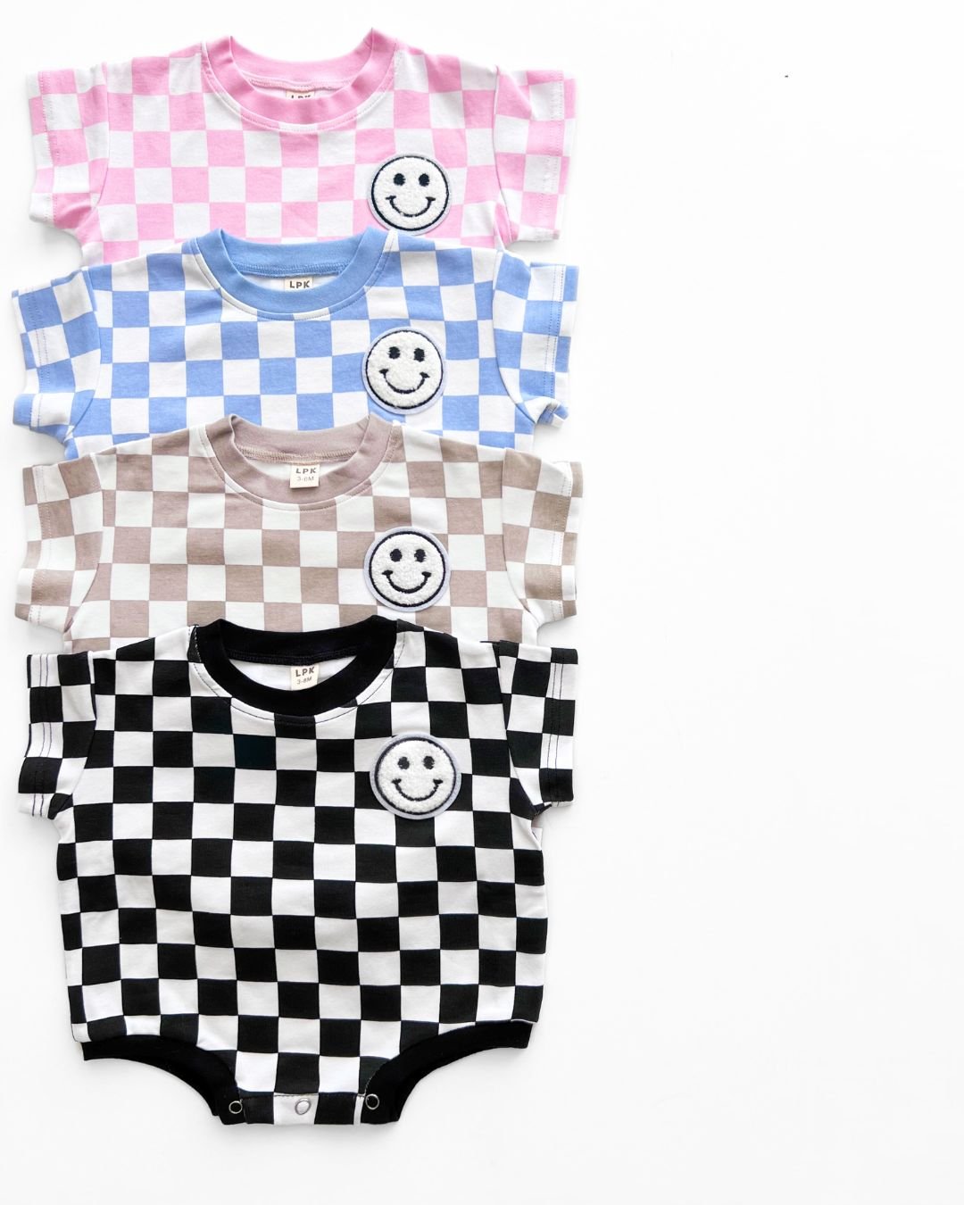 LPK Short Sleeve Bubble Romper - Checkered Smiley Blue