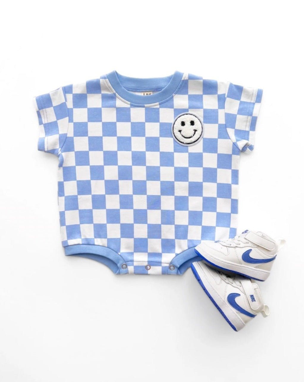 LPK Short Sleeve Bubble Romper - Checkered Smiley Blue