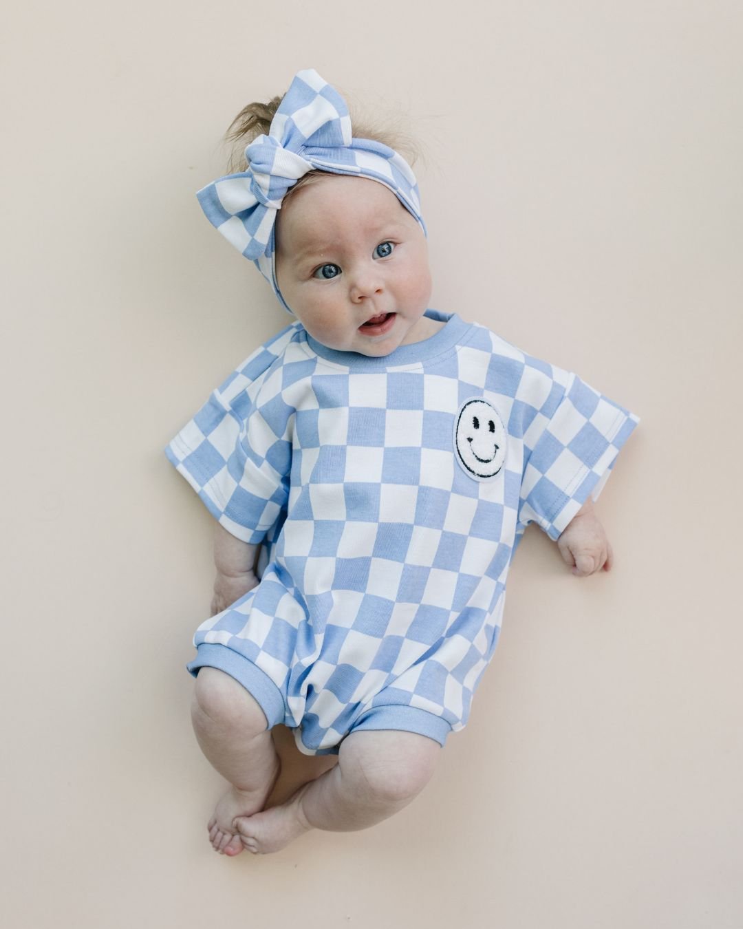 LPK Short Sleeve Bubble Romper - Checkered Smiley Blue