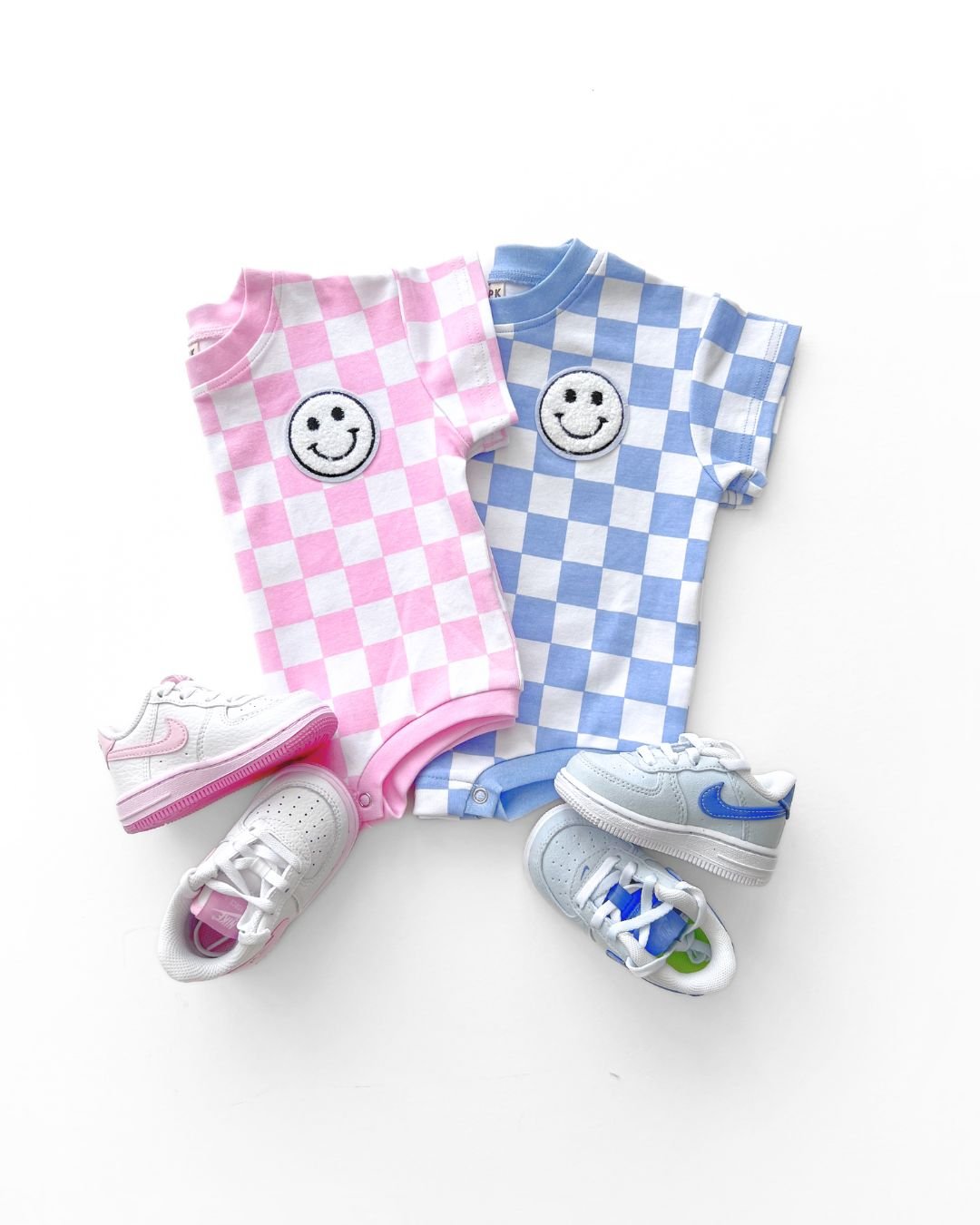 LPK Short Sleeve Bubble Romper - Checkered Smiley Blue