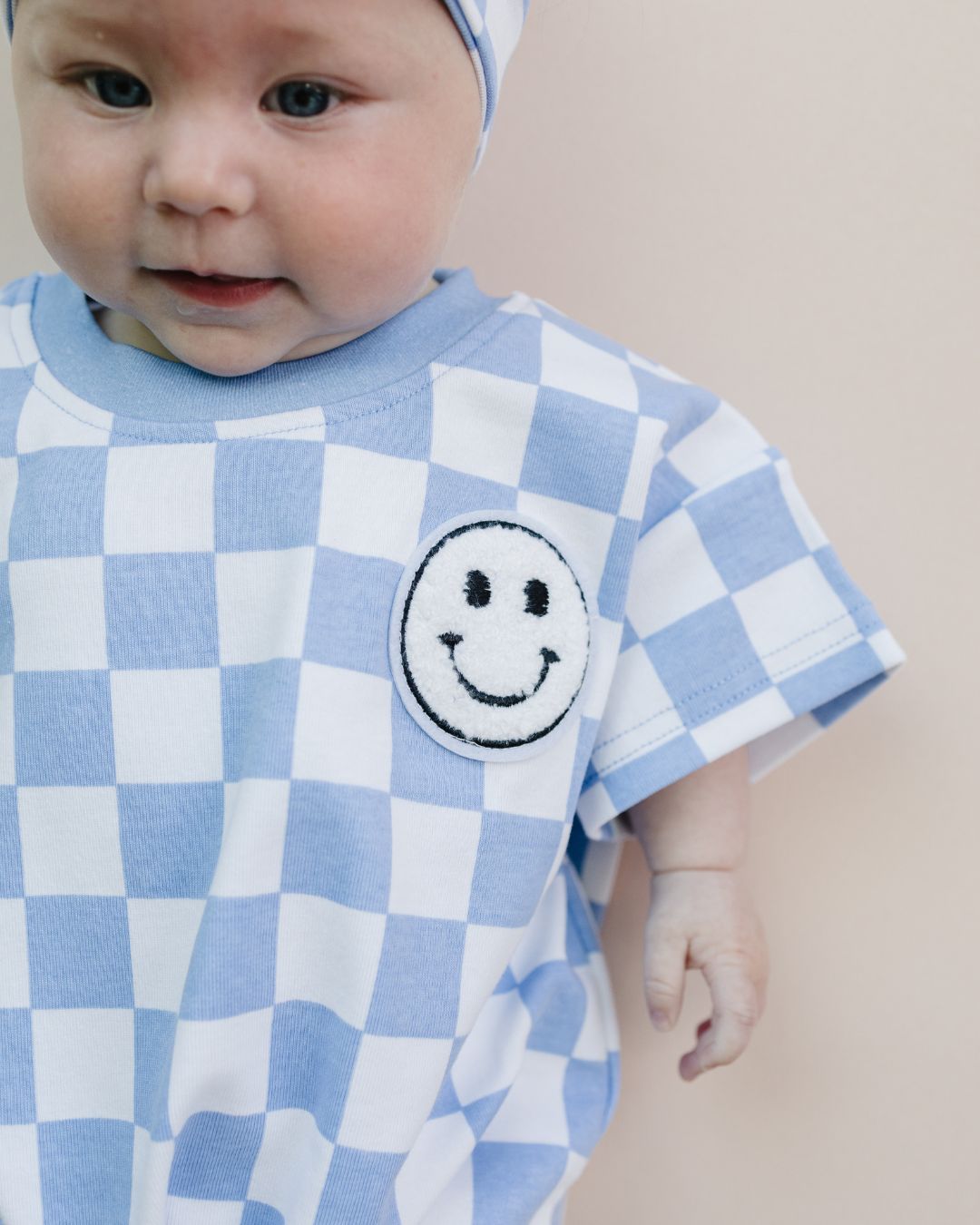 LPK Short Sleeve Bubble Romper - Checkered Smiley Blue