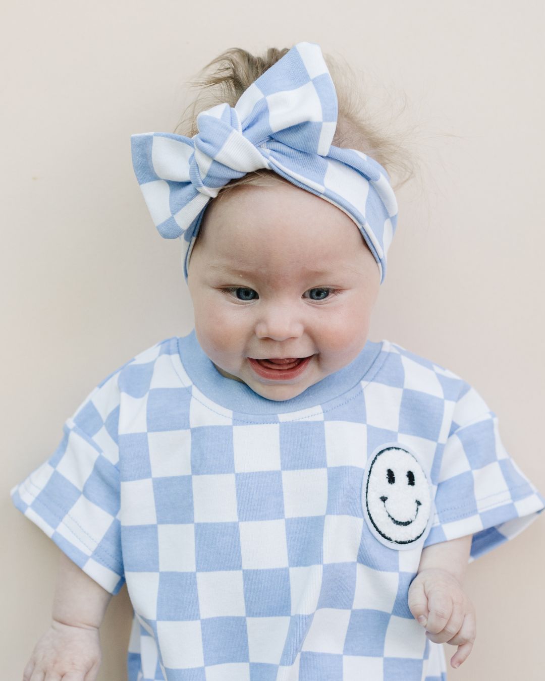 LPK Short Sleeve Bubble Romper - Checkered Smiley Blue