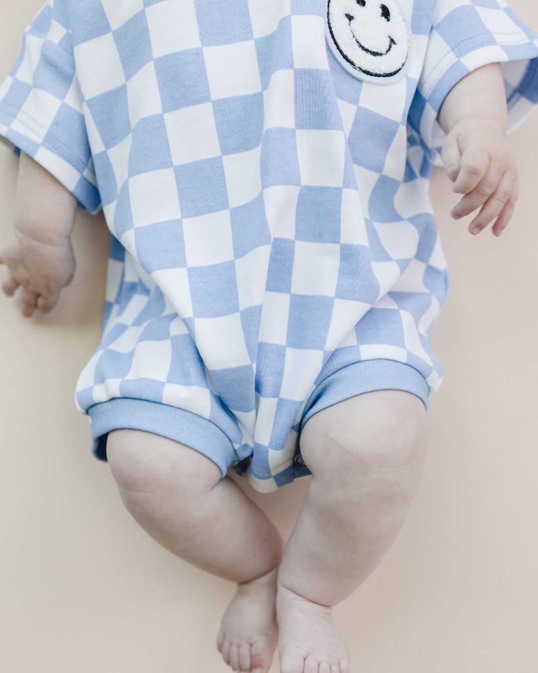 LPK Short Sleeve Bubble Romper - Checkered Smiley Blue