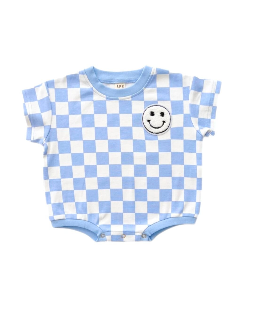 LPK Short Sleeve Bubble Romper - Checkered Smiley Blue