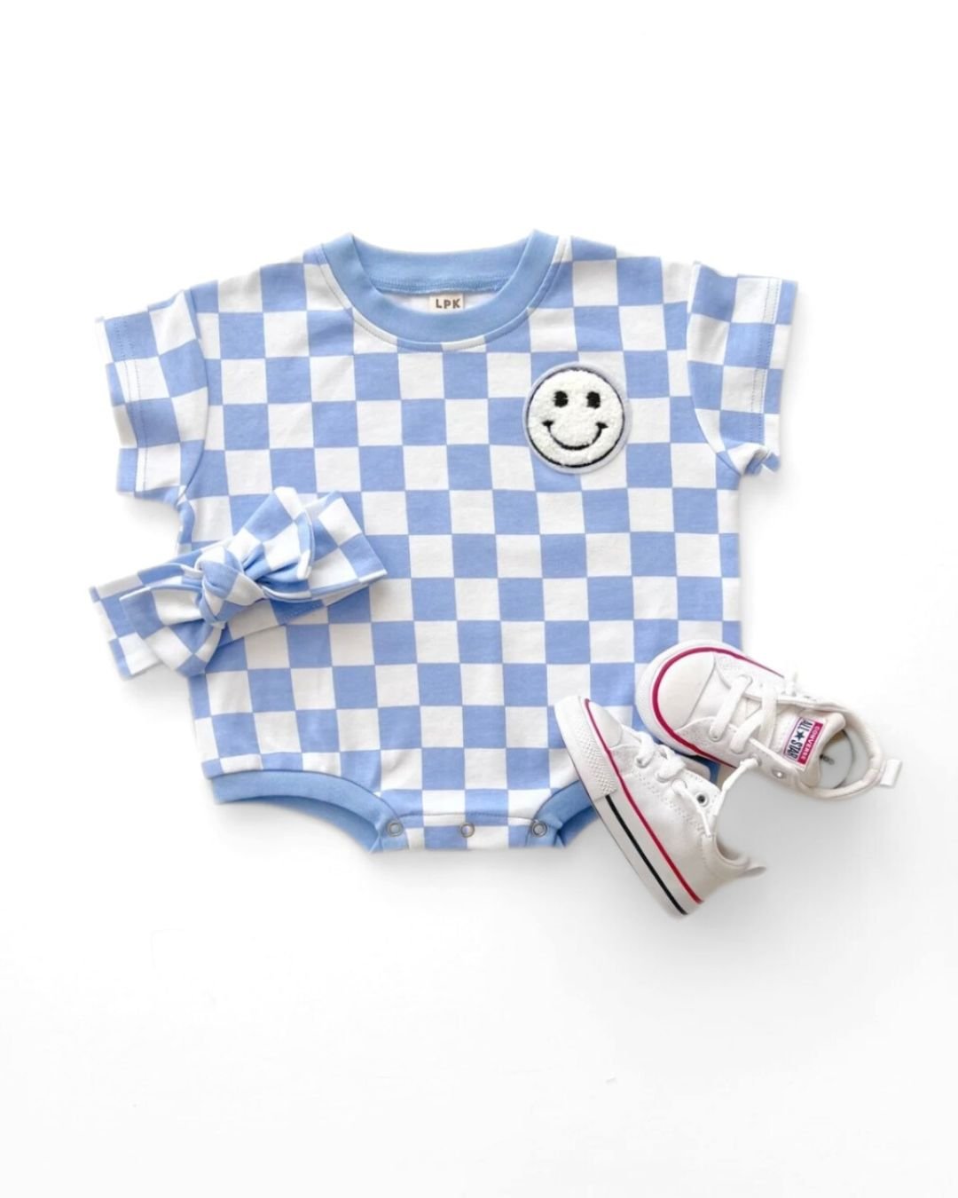 LPK Short Sleeve Bubble Romper - Checkered Smiley Blue