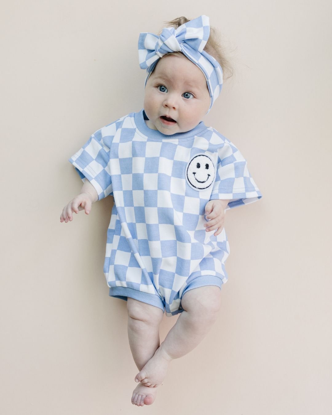 LPK Short Sleeve Bubble Romper - Checkered Smiley Blue