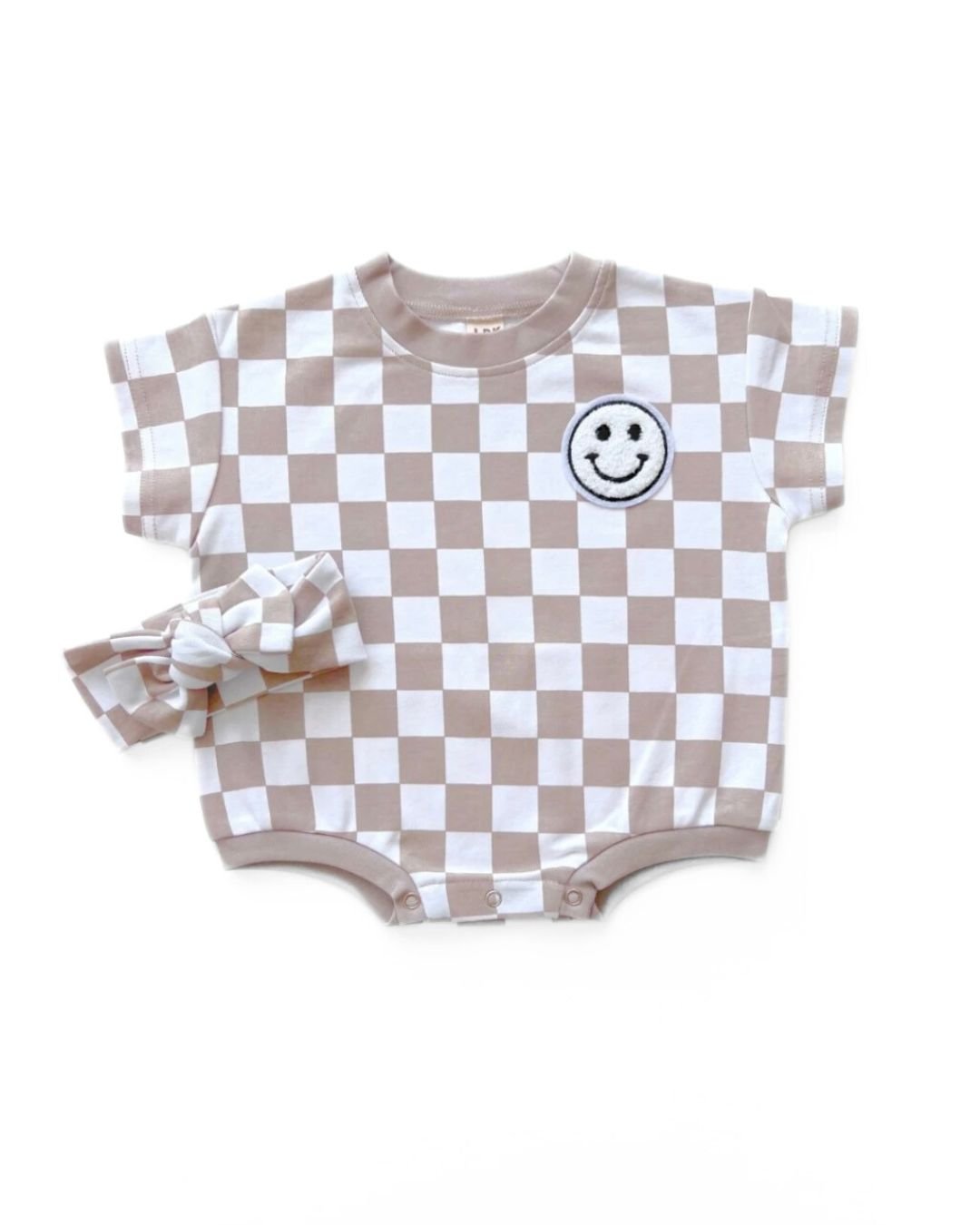 LPK Short Sleeve Bubble Romper - Checkered Smiley Latte