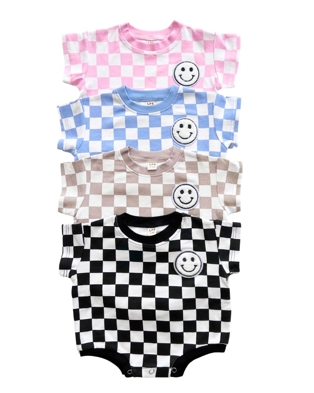 LPK Short Sleeve Bubble Romper - Checkered Smiley Latte