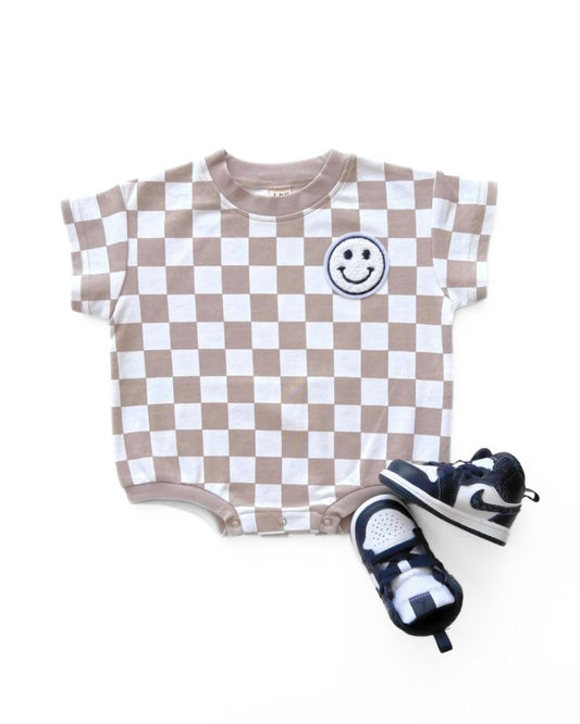 LPK Short Sleeve Bubble Romper - Checkered Smiley Latte