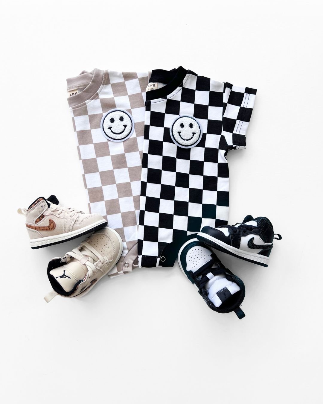 LPK Short Sleeve Bubble Romper - Checkered Smiley Latte