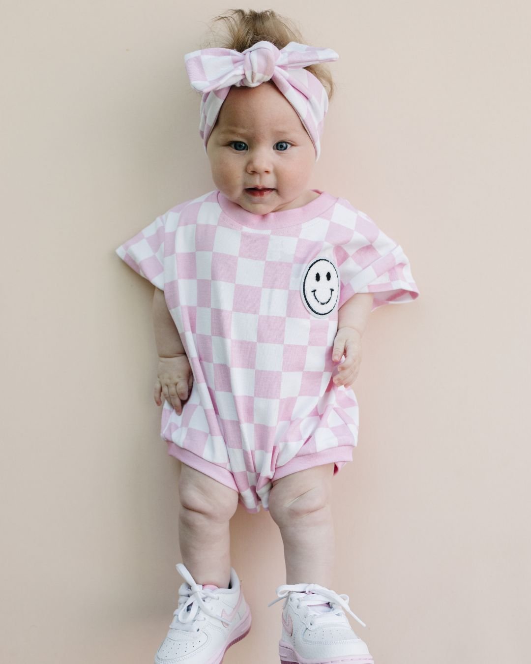 LPK Short Sleeve Bubble Romper - Checkered Smiley Pink