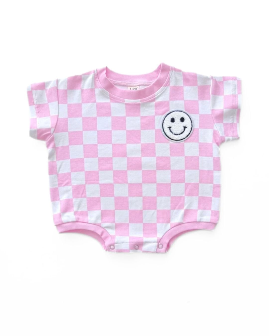 LPK Short Sleeve Bubble Romper - Checkered Smiley Pink