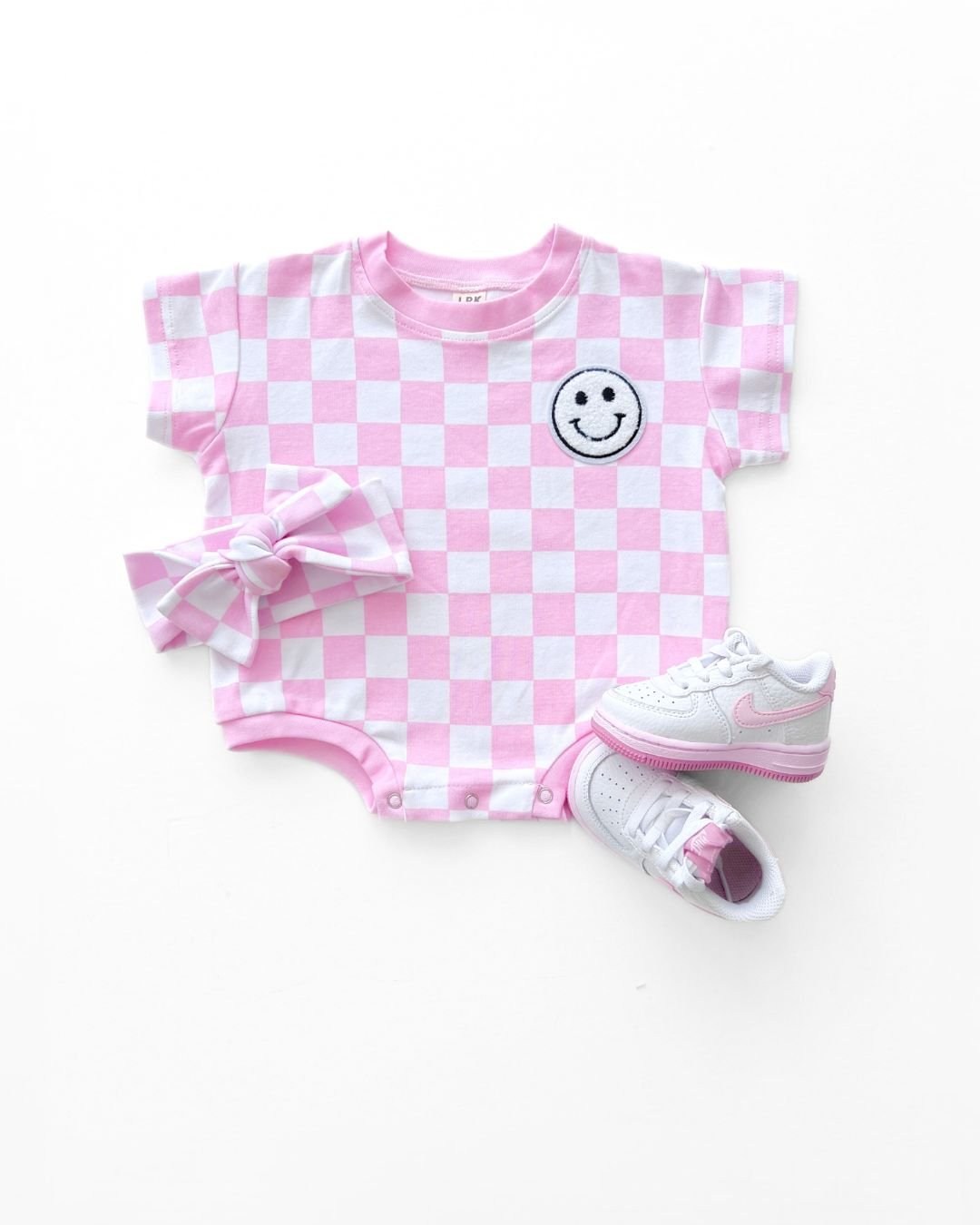 LPK Short Sleeve Bubble Romper - Checkered Smiley Pink