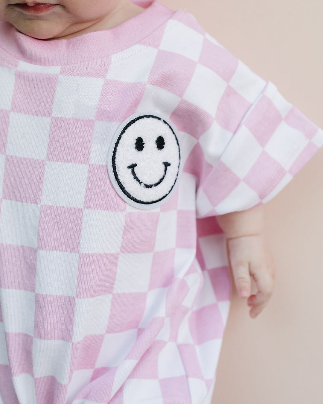 LPK Short Sleeve Bubble Romper - Checkered Smiley Pink