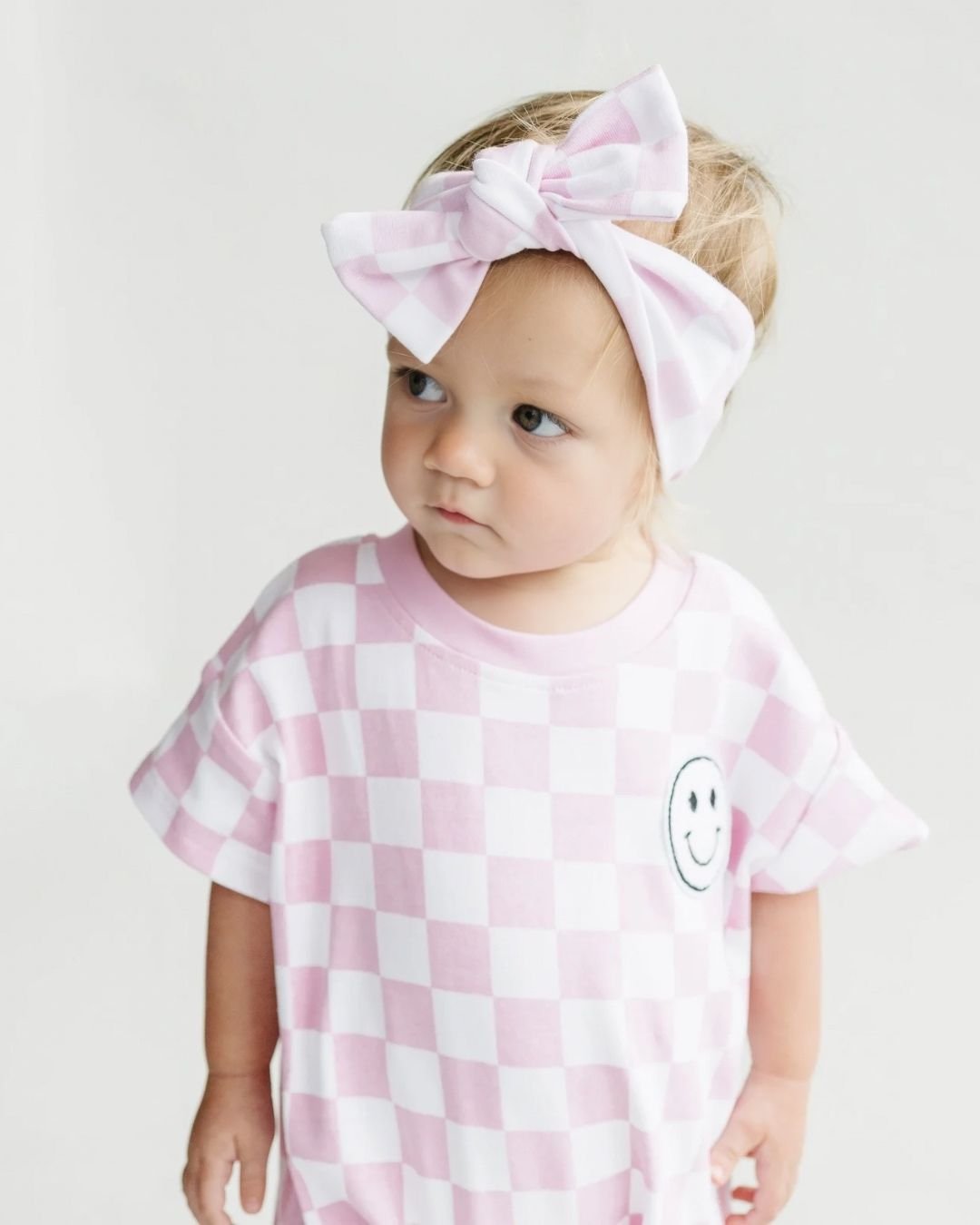 LPK Short Sleeve Bubble Romper - Checkered Smiley Pink